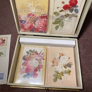 Vtg. Decoupage Floral Note Card  Box With 60 Original Sealed Cards Envelopes